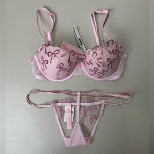 NWT PINK x LoveShackFancy 2 Piece Set Bows Push Up Bra 32C & Thong Small